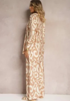 Beżowy Wiskozowy Komplet 2-Częściowy Luźna Koszula Spodnie z Gumką i Szerokimi Nogawkami Melvima