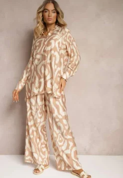 Beżowy Wiskozowy Komplet 2-Częściowy Luźna Koszula Spodnie z Gumką i Szerokimi Nogawkami Melvima