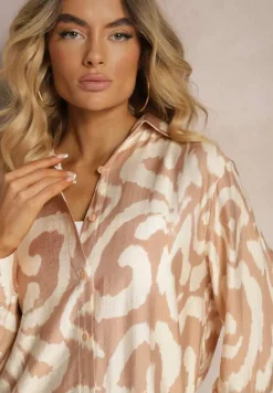 Beżowy Wiskozowy Komplet 2-Częściowy Luźna Koszula Spodnie z Gumką i Szerokimi Nogawkami Melvima