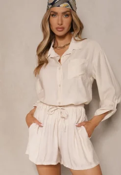 Beżowy Wiskozowy Komplet Koszula i Szorty Luźne Efrone
