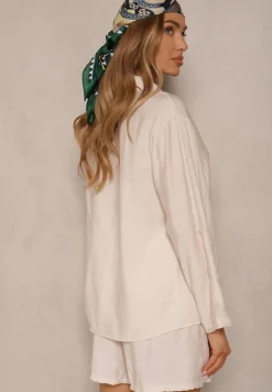 Beżowy Wiskozowy Komplet Koszula i Szorty Luźne Efrone