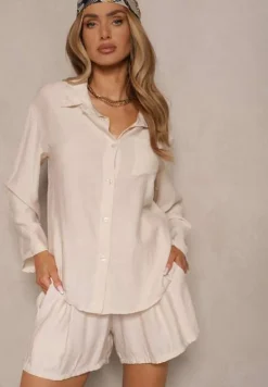 Beżowy Wiskozowy Komplet Koszula i Szorty Luźne Efrone