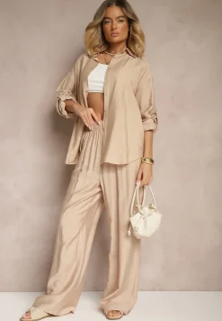 Beżowy Wiskozowy Komplet o Luźnym Kroju z Koszulą i Spodniami Sesorilia