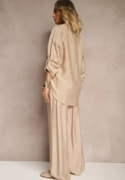 Beżowy Wiskozowy Komplet o Luźnym Kroju z Koszulą i Spodniami Sesorilia
