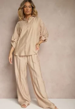 Beżowy Wiskozowy Komplet o Luźnym Kroju z Koszulą i Spodniami Sesorilia