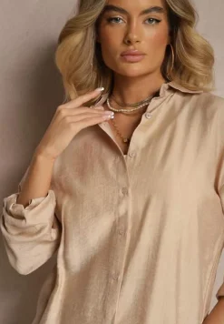 Beżowy Wiskozowy Komplet o Luźnym Kroju z Koszulą i Spodniami Sesorilia