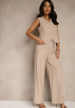 Beżowy Wiskozowy Komplet o Garniturowym Kroju Kamizelka i Spodnie Soreya
