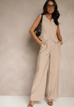 Beżowy Wiskozowy Komplet o Garniturowym Kroju Kamizelka i Spodnie Soreya