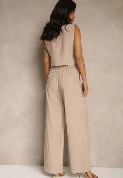 Beżowy Wiskozowy Komplet o Garniturowym Kroju Kamizelka i Spodnie Soreya