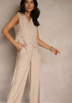 Beżowy Wiskozowy Komplet o Garniturowym Kroju Kamizelka i Spodnie Soreya