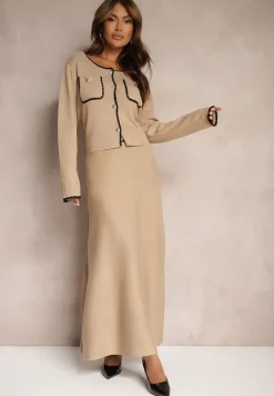 Beżowy Wiskozowy Komplet Rozkloszowana Spódnica z Gumką w Pasie i Rozpinany Kardigan Veriiana