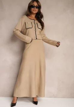 Beżowy Wiskozowy Komplet Rozkloszowana Spódnica z Gumką w Pasie i Rozpinany Kardigan Veriiana
