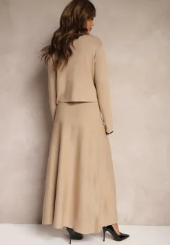 Beżowy Wiskozowy Komplet Rozkloszowana Spódnica z Gumką w Pasie i Rozpinany Kardigan Veriiana