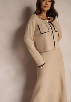 Beżowy Wiskozowy Komplet Rozkloszowana Spódnica z Gumką w Pasie i Rozpinany Kardigan Veriiana