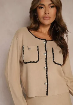 Beżowy Wiskozowy Komplet Rozkloszowana Spódnica z Gumką w Pasie i Rozpinany Kardigan Veriiana