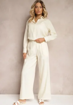 Beżowy Wiskozowy Komplet Spodnie z Szerokimi Nogawkami i Gumką w Talii Koszula na Guziki Tinamars