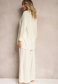 Beżowy Wiskozowy Komplet Spodnie z Szerokimi Nogawkami i Gumką w Talii Koszula na Guziki Tinamars