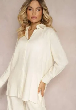 Beżowy Wiskozowy Komplet Spodnie z Szerokimi Nogawkami i Gumką w Talii Koszula na Guziki Tinamars