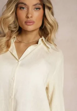 Beżowy Wiskozowy Komplet Spodnie z Szerokimi Nogawkami i Gumką w Talii Koszula na Guziki Tinamars