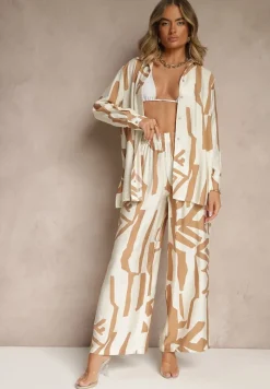 Beżowy Wiskozowy Komplet Spodnie z Gumką w Talii Koszula Zapinana na Guziki Virofea