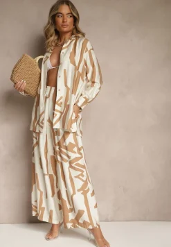 Beżowy Wiskozowy Komplet Spodnie z Gumką w Talii Koszula Zapinana na Guziki Virofea
