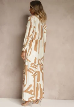 Beżowy Wiskozowy Komplet Spodnie z Gumką w Talii Koszula Zapinana na Guziki Virofea