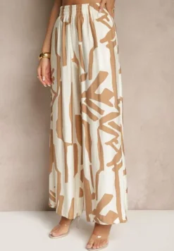 Beżowy Wiskozowy Komplet Spodnie z Gumką w Talii Koszula Zapinana na Guziki Virofea