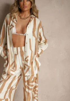 Beżowy Wiskozowy Komplet Spodnie z Gumką w Talii Koszula Zapinana na Guziki Virofea