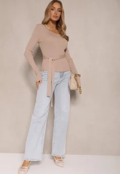 Beżowy Wiskozowy Sweter Wiązany w Talii z Asymetrycznym Dekoltem Kornelita