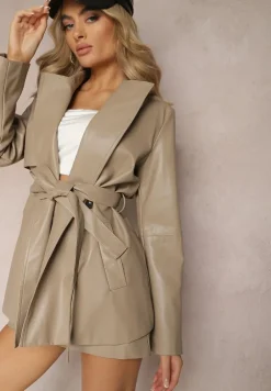 Beżowy Wiązany Płaszcz Dwurzędowy Kurtka z Imitacji Skóry Primael