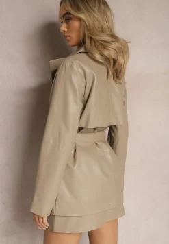 Beżowy Wiązany Płaszcz Dwurzędowy Kurtka z Imitacji Skóry Primael