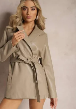 Beżowy Wiązany Płaszcz Dwurzędowy Kurtka z Imitacji Skóry Primael