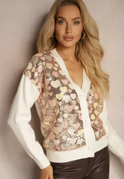 Beżowy Wzorzysty Kardigan w Serduszka z Dekoltem w Serek i Cekinami Ansilene