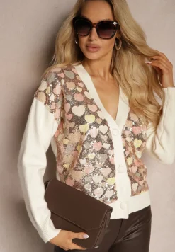 Beżowy Wzorzysty Kardigan w Serduszka z Dekoltem w Serek i Cekinami Ansilene