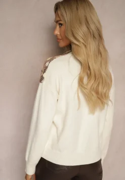 Beżowy Wzorzysty Kardigan w Serduszka z Dekoltem w Serek i Cekinami Ansilene