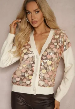 Beżowy Wzorzysty Kardigan w Serduszka z Dekoltem w Serek i Cekinami Ansilene