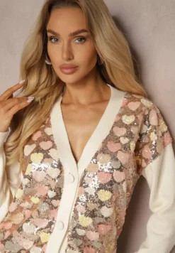 Beżowy Wzorzysty Kardigan w Serduszka z Dekoltem w Serek i Cekinami Ansilene