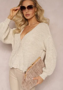 Beżowy Zapinany Kardigan Ozdobiony Drobnym Splotem Livamara