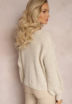 Beżowy Zapinany Kardigan Ozdobiony Drobnym Splotem Livamara