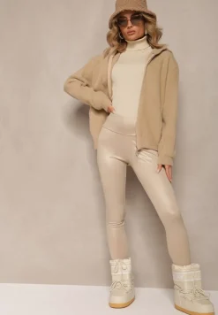 Beżowy Zasuwany Kardigan Wełniany z Kapturem Aniole