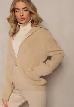 Beżowy Zasuwany Kardigan Wełniany z Kapturem Aniole