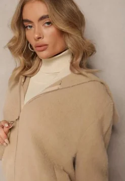 Beżowy Zasuwany Kardigan Wełniany z Kapturem Aniole