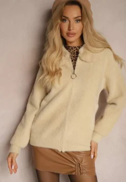 Beżowy Zasuwany Kardigan z Wełną Ozdobiony Kołnierzem z Futerka Dailore