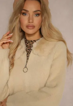 Beżowy Zasuwany Kardigan z Wełną Ozdobiony Kołnierzem z Futerka Dailore