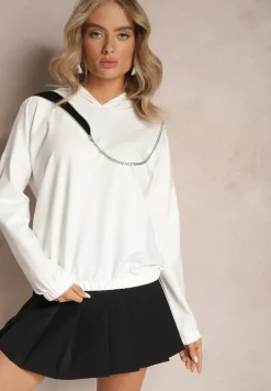 Biała Asymetryczna Bluza z Bawełny z Kapturem i Ozdobnym Suwakiem Lueur