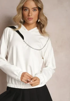 Biała Asymetryczna Bluza z Bawełny z Kapturem i Ozdobnym Suwakiem Lueur