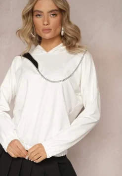 Biała Asymetryczna Bluza z Bawełny z Kapturem i Ozdobnym Suwakiem Lueur