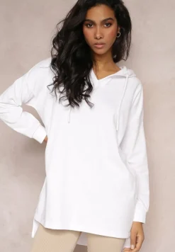 Biała Asymetryczna Bluza z Kapturem Oversize Kavita