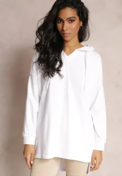 Biała Asymetryczna Bluza z Kapturem Oversize Kavita