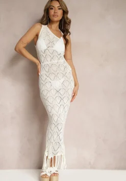Biała Asymetryczna Dopasowana Sukienka z Jednym Ramiączkiem Zakończona Sznurkami Alareva